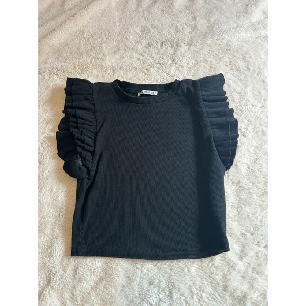 Zara Women's Medium Black Ribbed Ruffle Sleeveless Crop Tank Top